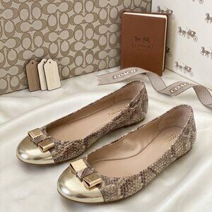 Coach Gold Bow Toe Snakeskin Ballet Flats